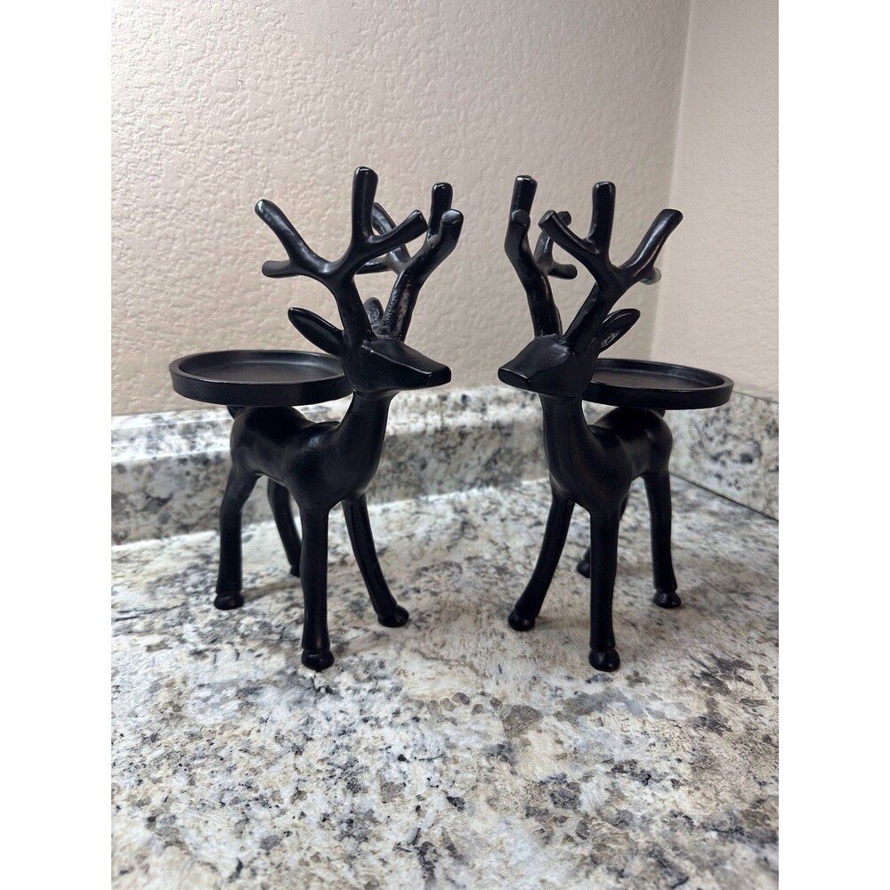 Pair of Black Metal Deer/Elk Candle Holder Stands Rustic 8.5 Inches Tall.